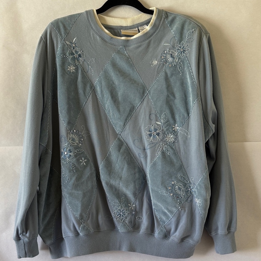 VTG Alfred Dunner Patchwork Embroidered Sweater Sz 2X Blue Quilted Cottagecore